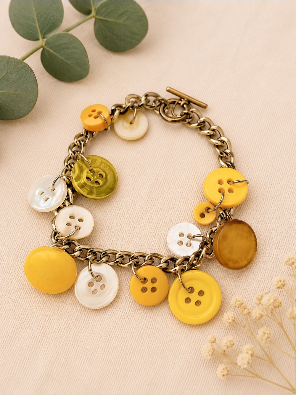 NEW Handmade Charming Button Bracelet in Yellow and Silver
